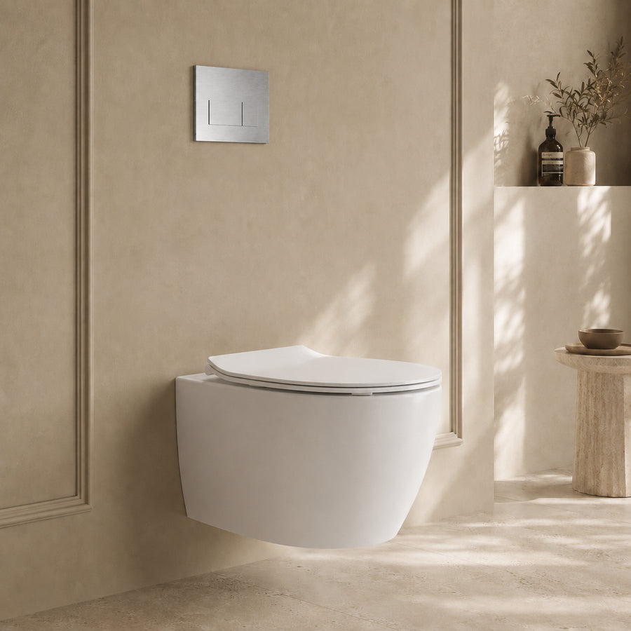 Onia Wall Hung White Toilet Set - with Concealed Frame, Cistern and Brushed Steel Flush Plate