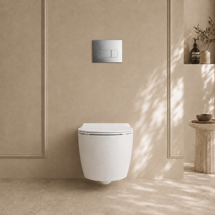 Onia Wall Hung White Toilet Set - with Concealed Frame, Cistern and Chrome Flush Plate