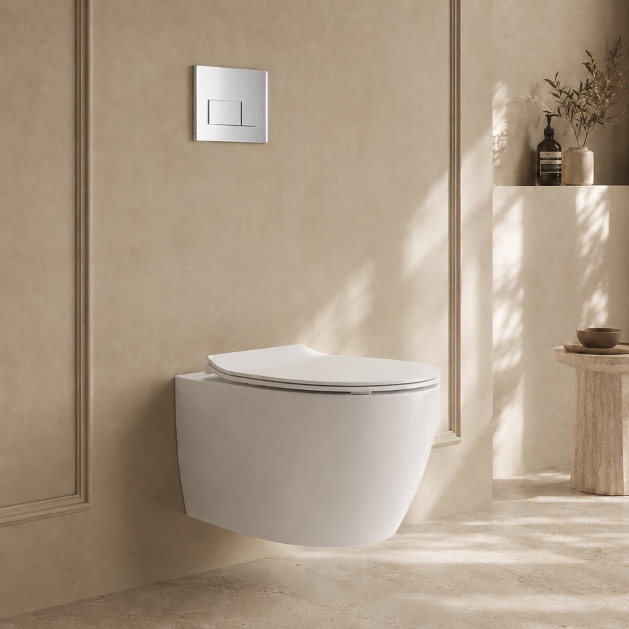 Onia Wall Hung White Toilet Set - with Concealed Frame, Cistern and Chrome Flush Plate