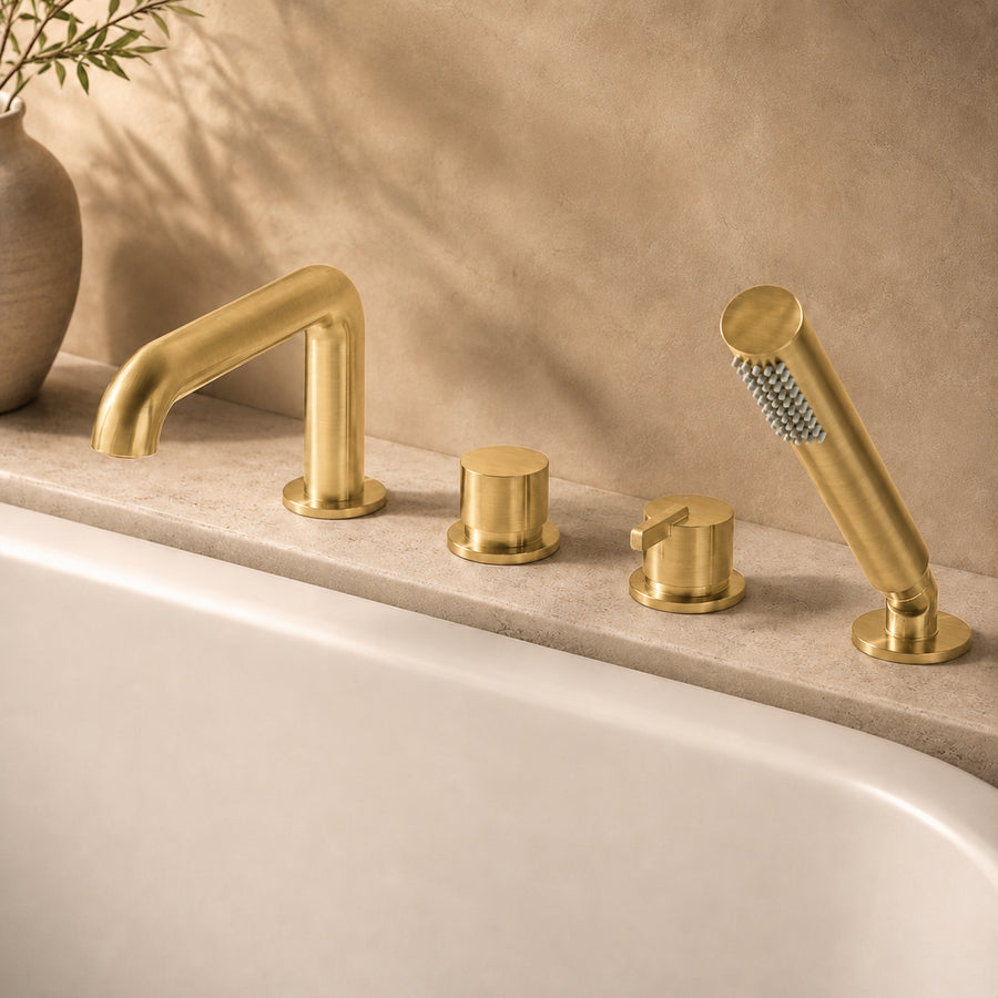 Lia Deck Mounted Bath Mixer with Shower Set - Brushed Gold