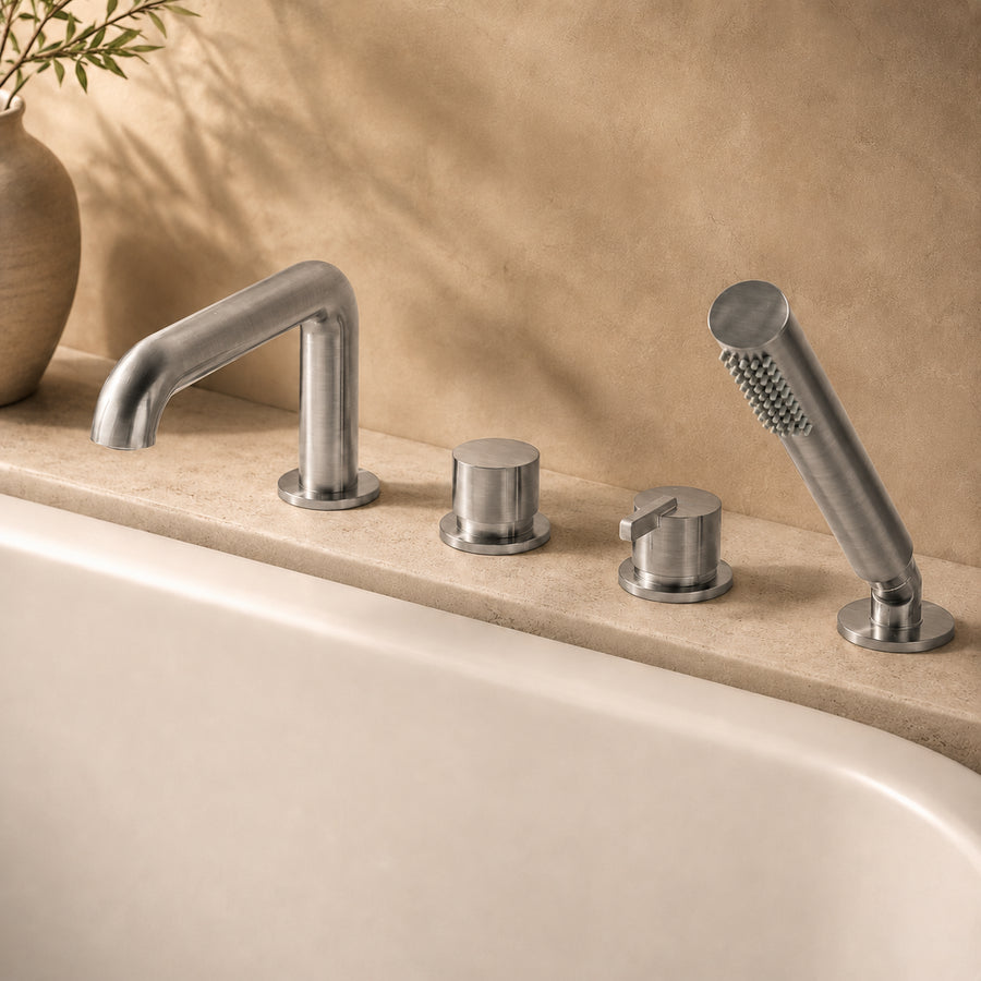 Lia Deck Mounted Bath Mixer with Shower Set - Brushed Steel