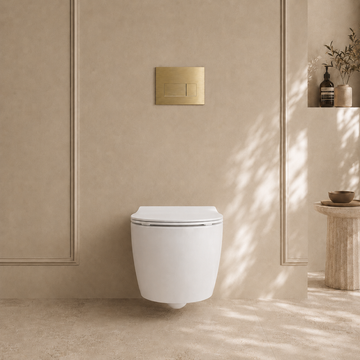 Onia Wall Hung White Toilet Set - with Concealed Frame, Cistern and Brushed Gold Flush Plate