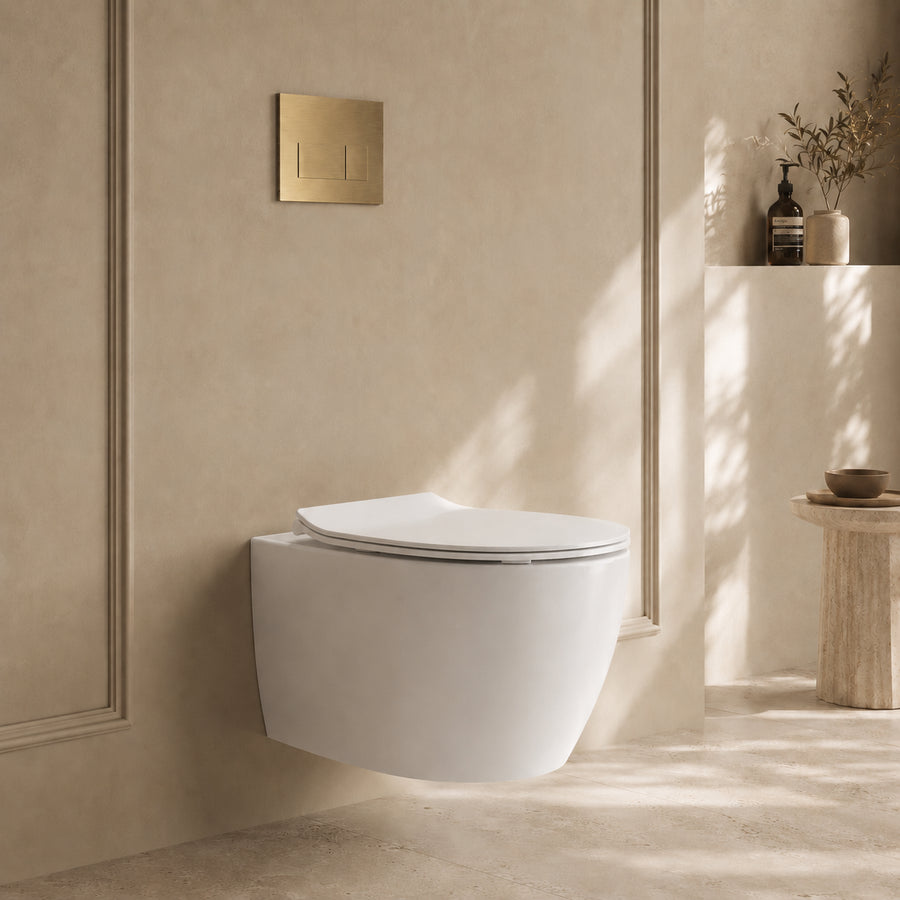 Onia Wall Hung White Toilet Set - with Concealed Frame, Cistern and Brushed Gold Flush Plate