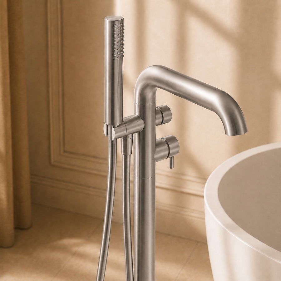 Lia Freestanding Bath Mixer with Shower Set - Brushed Steel