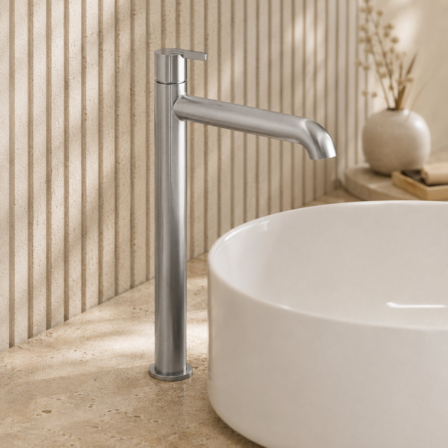 Lia Top Mount Tall Basin Mixer - Brushed Steel