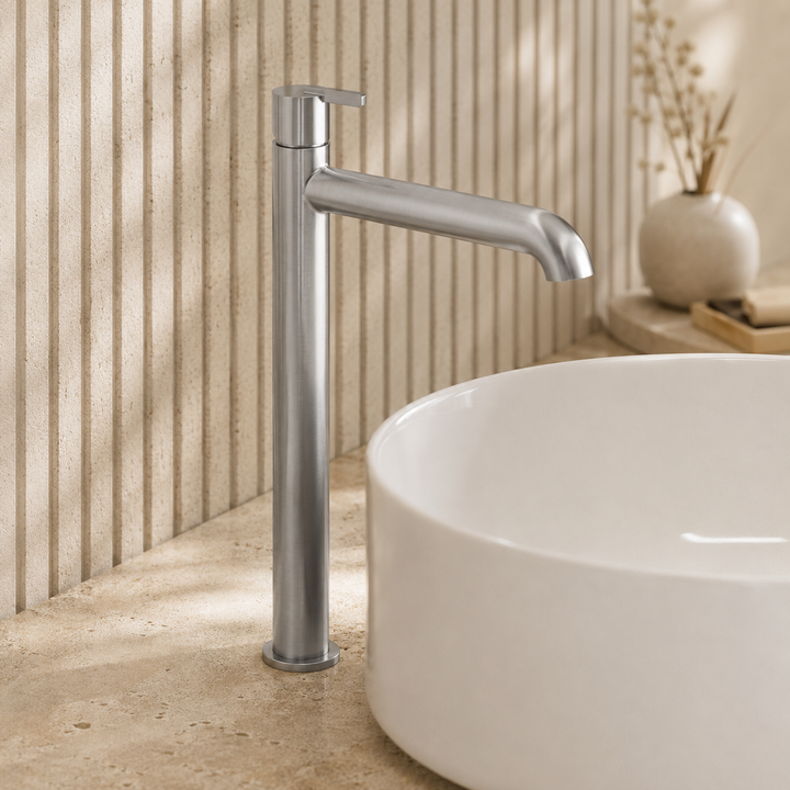 Lia Top Mount Tall Basin Mixer - Brushed Steel