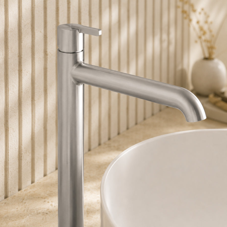 Lia Top Mount Tall Basin Mixer - Brushed Steel