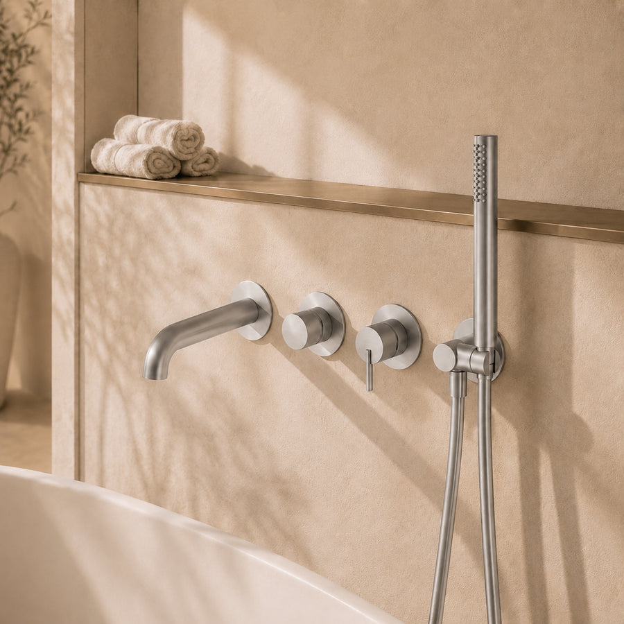 Lia Wall Mounted Bath Mixer with Shower Set - Brushed Steel