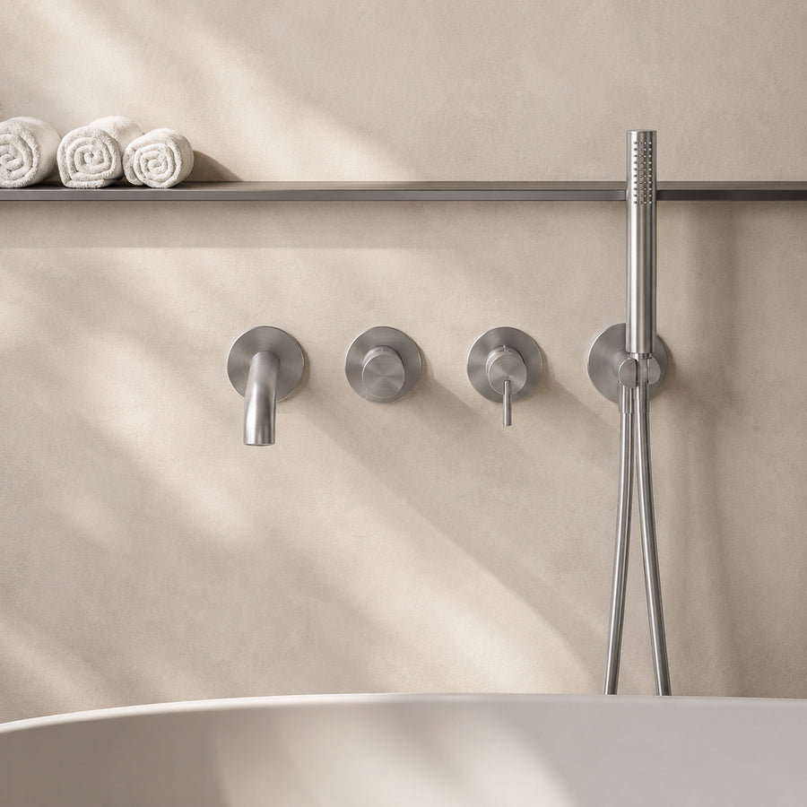 Lia Wall Mounted Bath Mixer with Shower Set - Brushed Steel