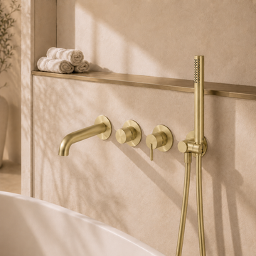 Lia Wall Mounted Bath Mixer with Shower Set - Brushed Gold