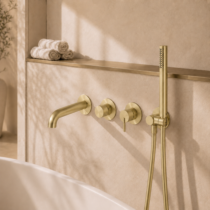 Lia Wall Mounted Bath Mixer with Shower Set - Brushed Gold