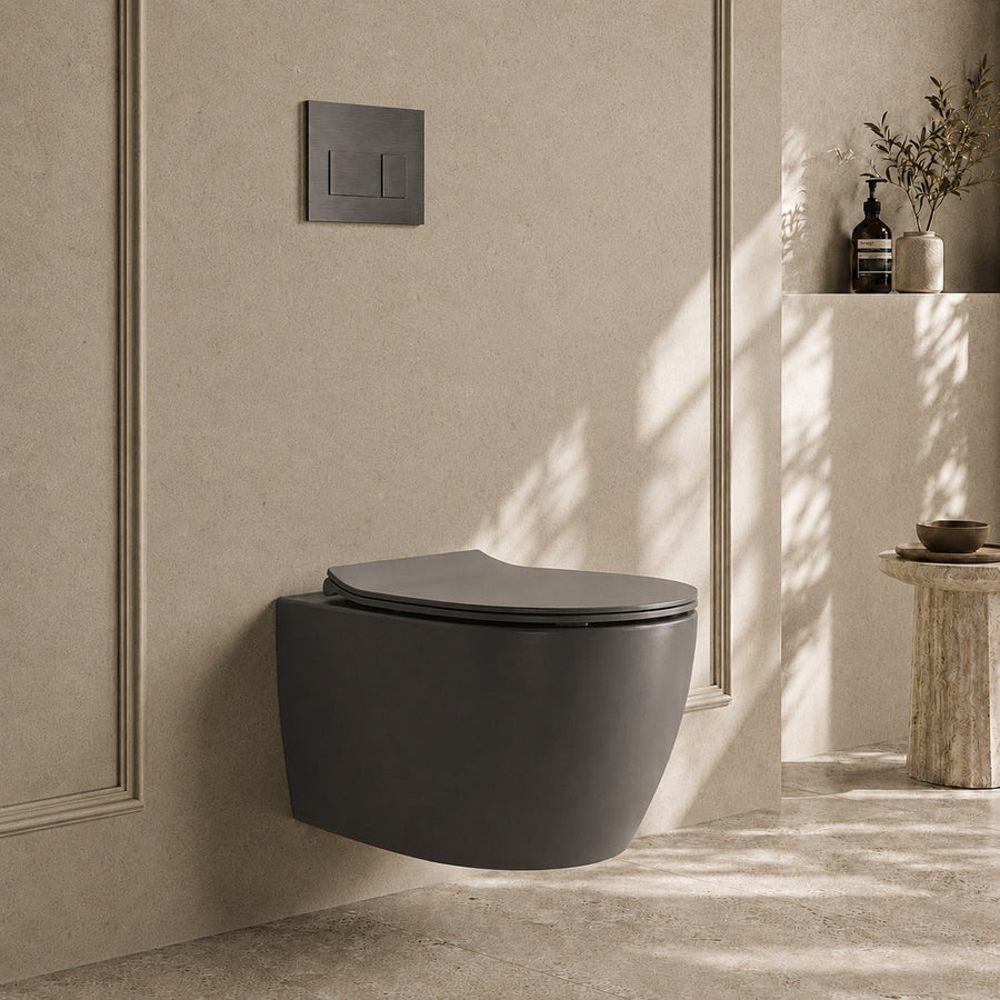 Onia Wall Hung Grey Toilet Set - with Concealed Frame, Cistern and Titanium Flush Plate