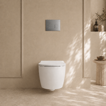 Onia Wall Hung White Toilet Set - with Concealed Frame, Cistern and Titanium Flush Plate