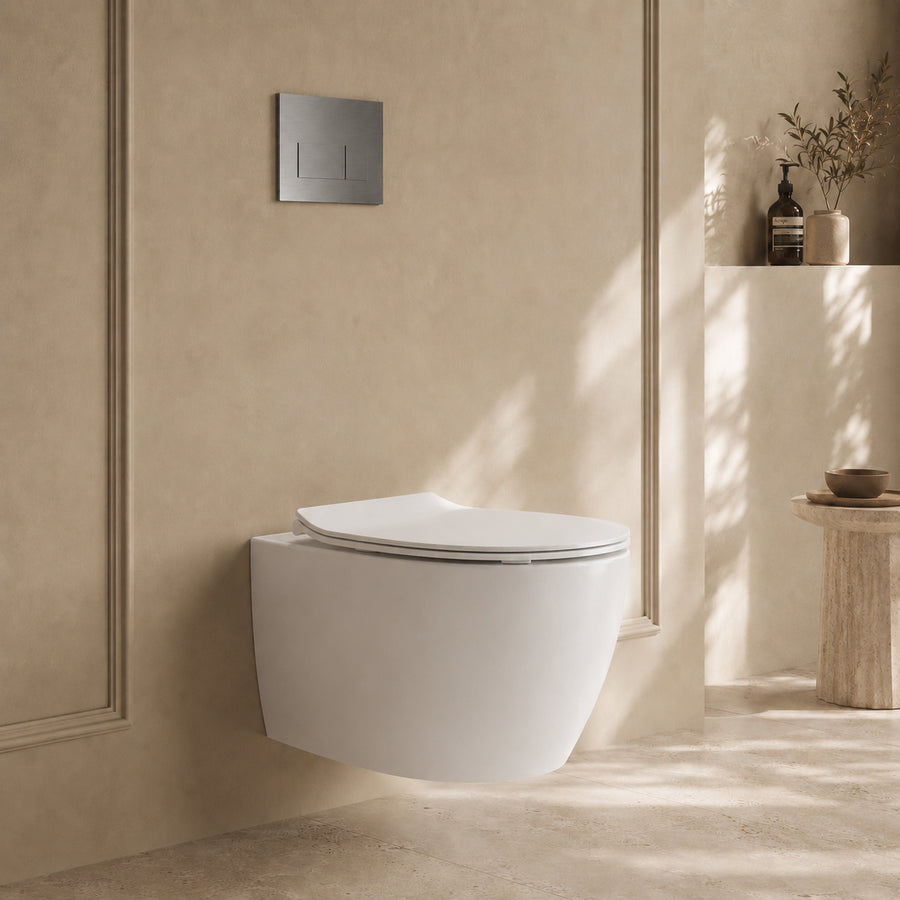Onia Wall Hung White Toilet Set - with Concealed Frame, Cistern and Titanium Flush Plate
