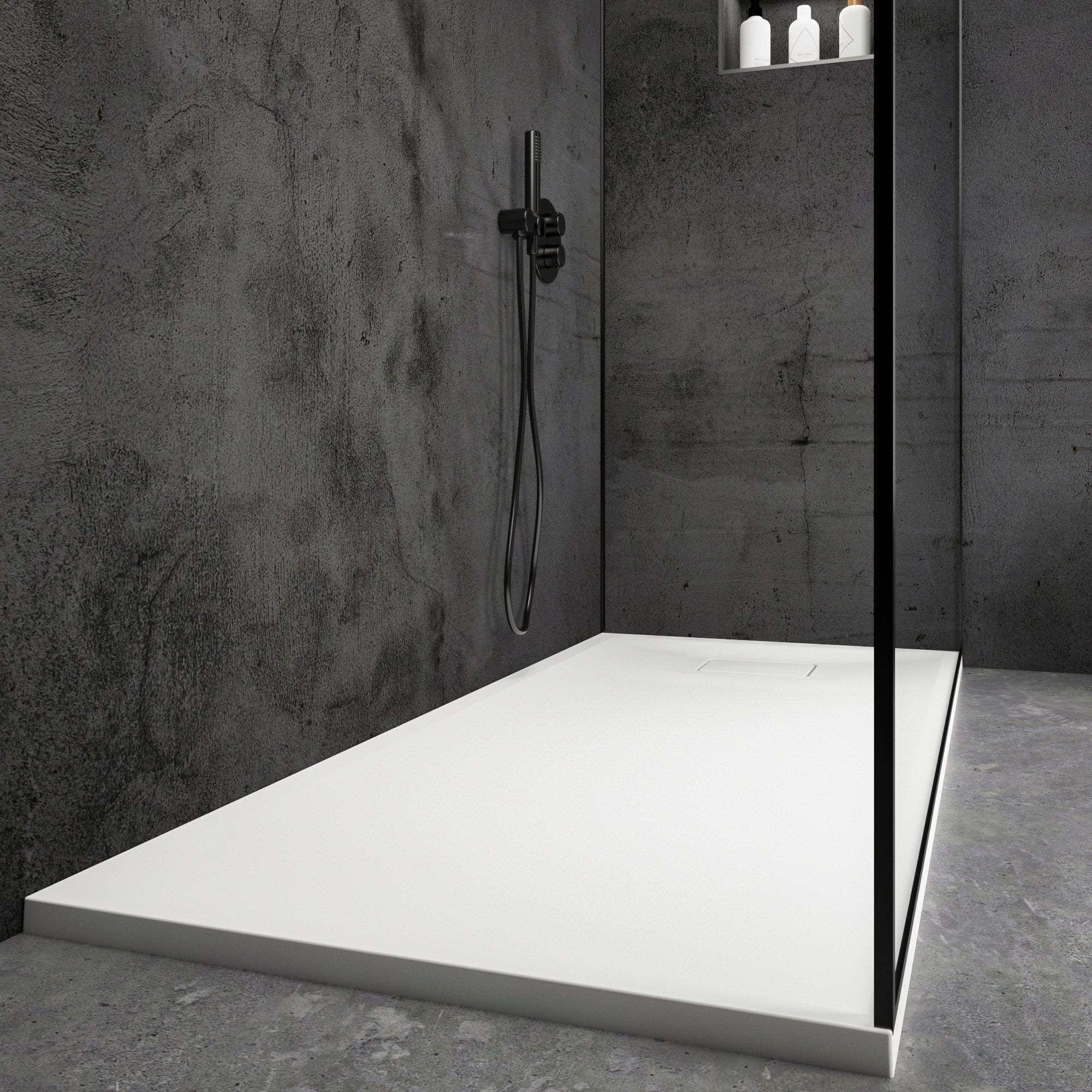 Meseta White Stone Resin Shower Tray 1600 x 700 low right hand side view