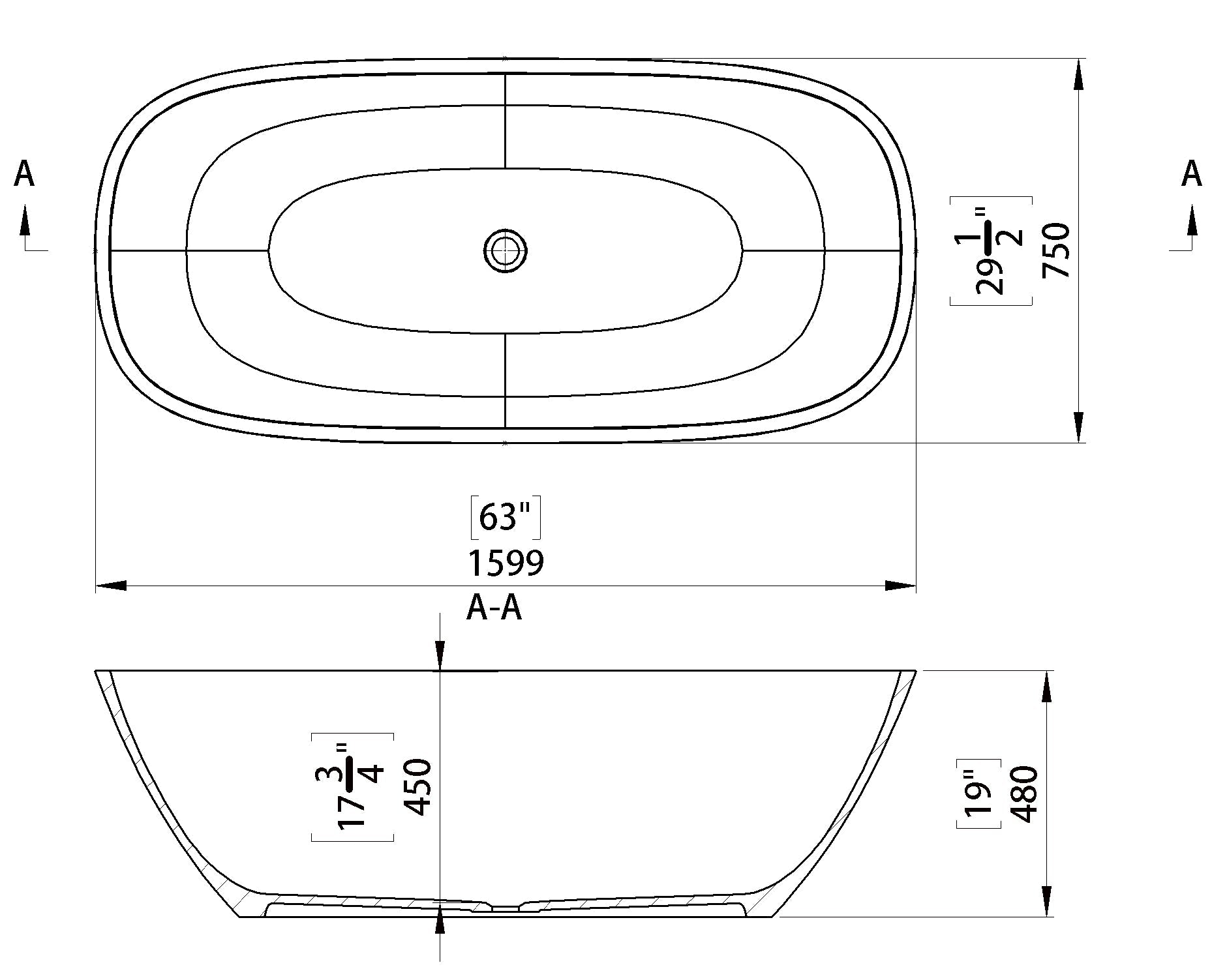 Lorca Freestanding Polished Black Stone Bath 1600