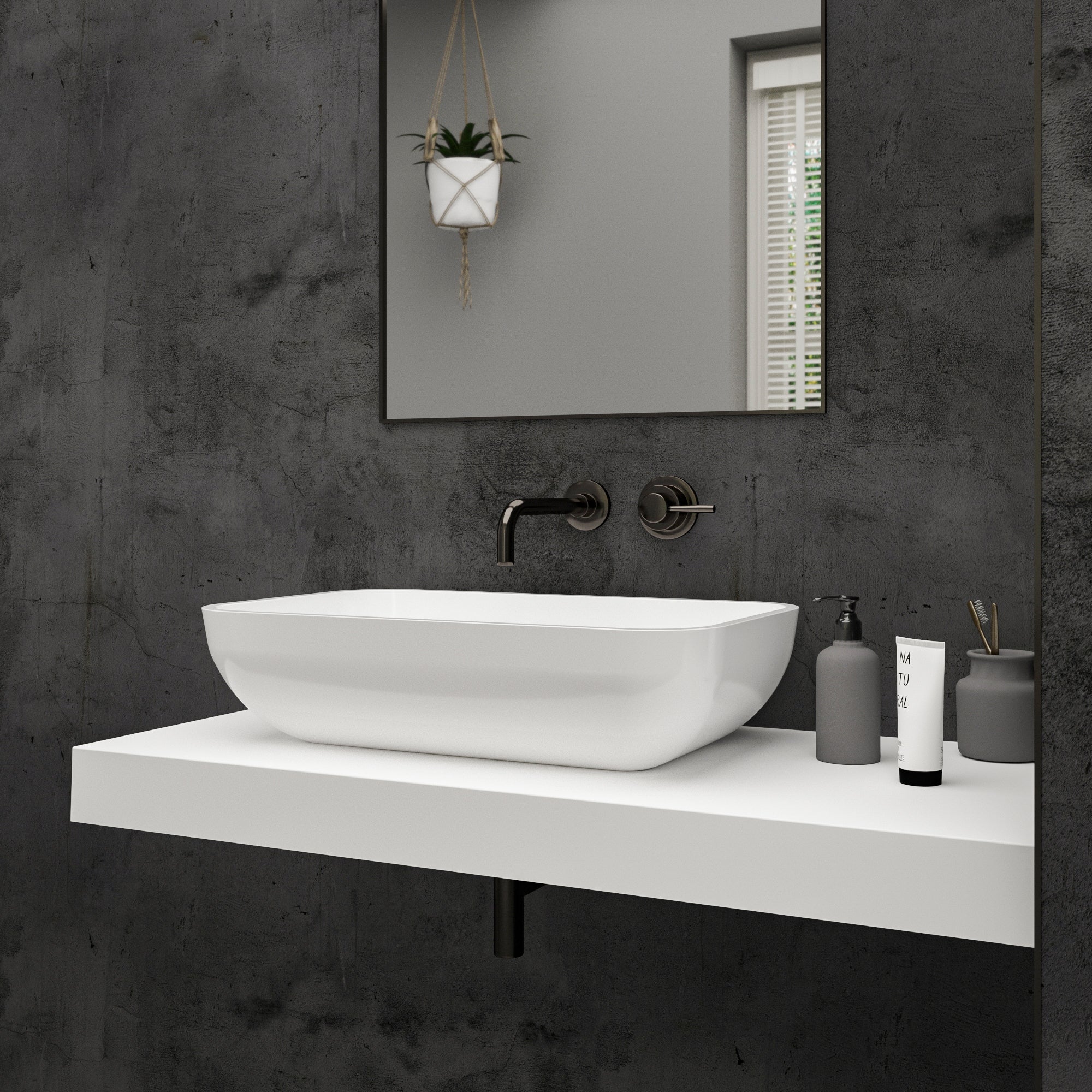 Eliptica Countertop White Stone Basin 600 - side view 2