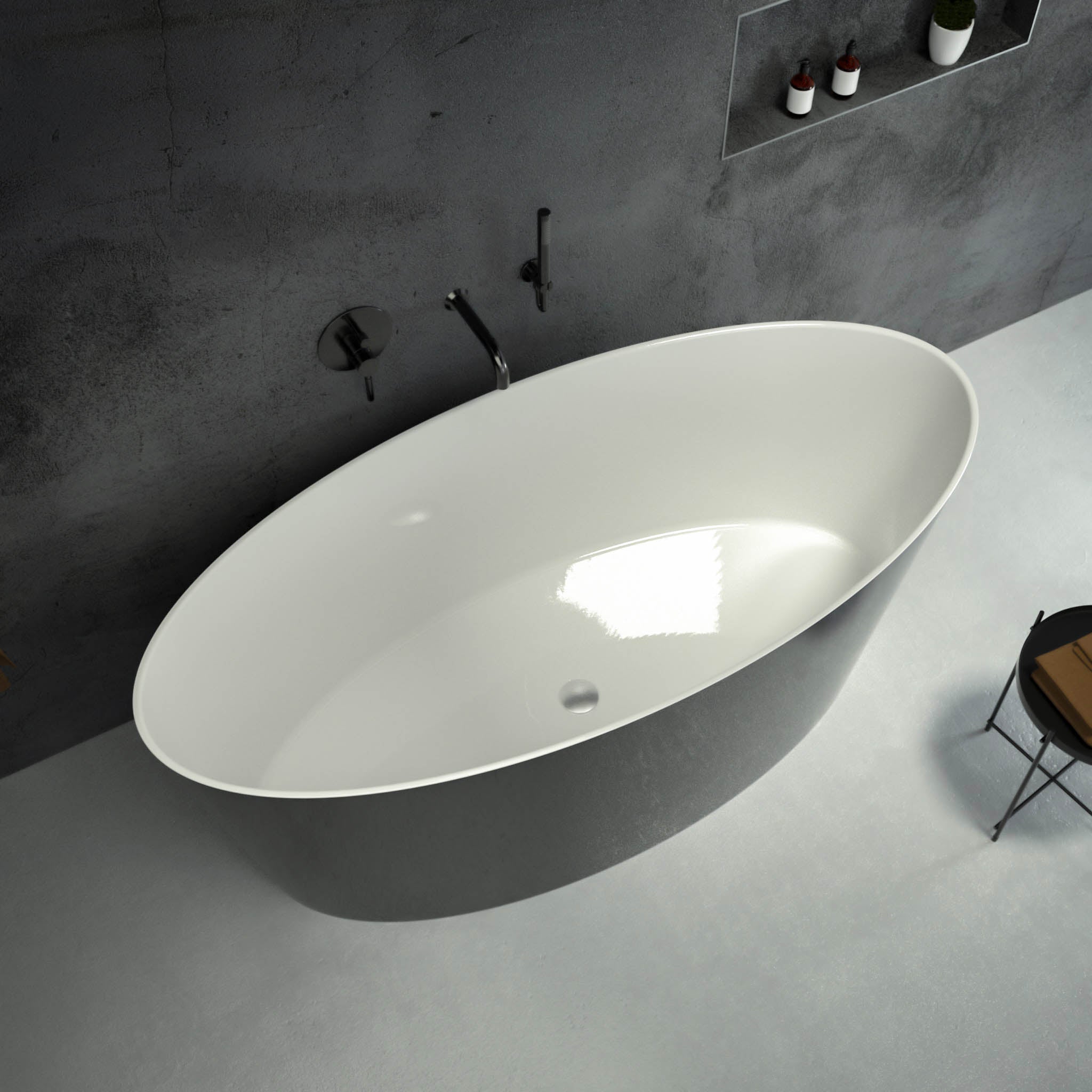 Opalo Freestanding Oval Polished Black Stone Bath 1580 top view 2